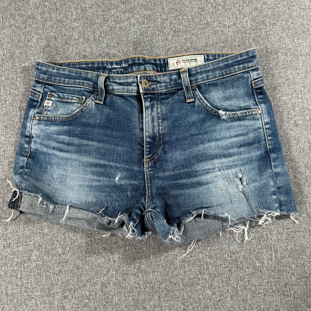 AG Adriano Goldschmied The Prima Crop Denim Shorts Blue Raw Hem Size 32R